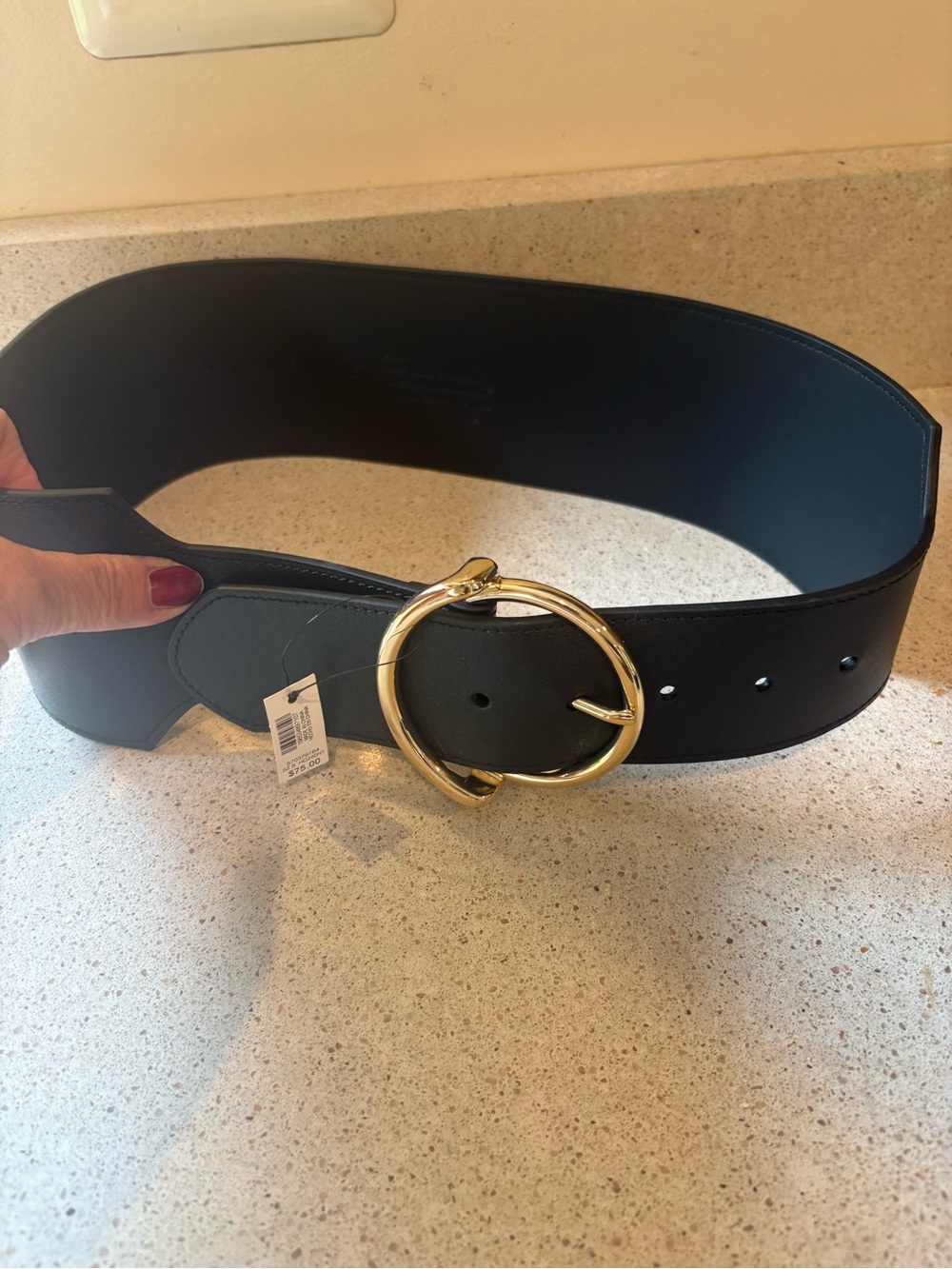 NWT WHBM Black Wide Leather Belt Gold Circle Buckle Hardware Small 3 1/2” Wide